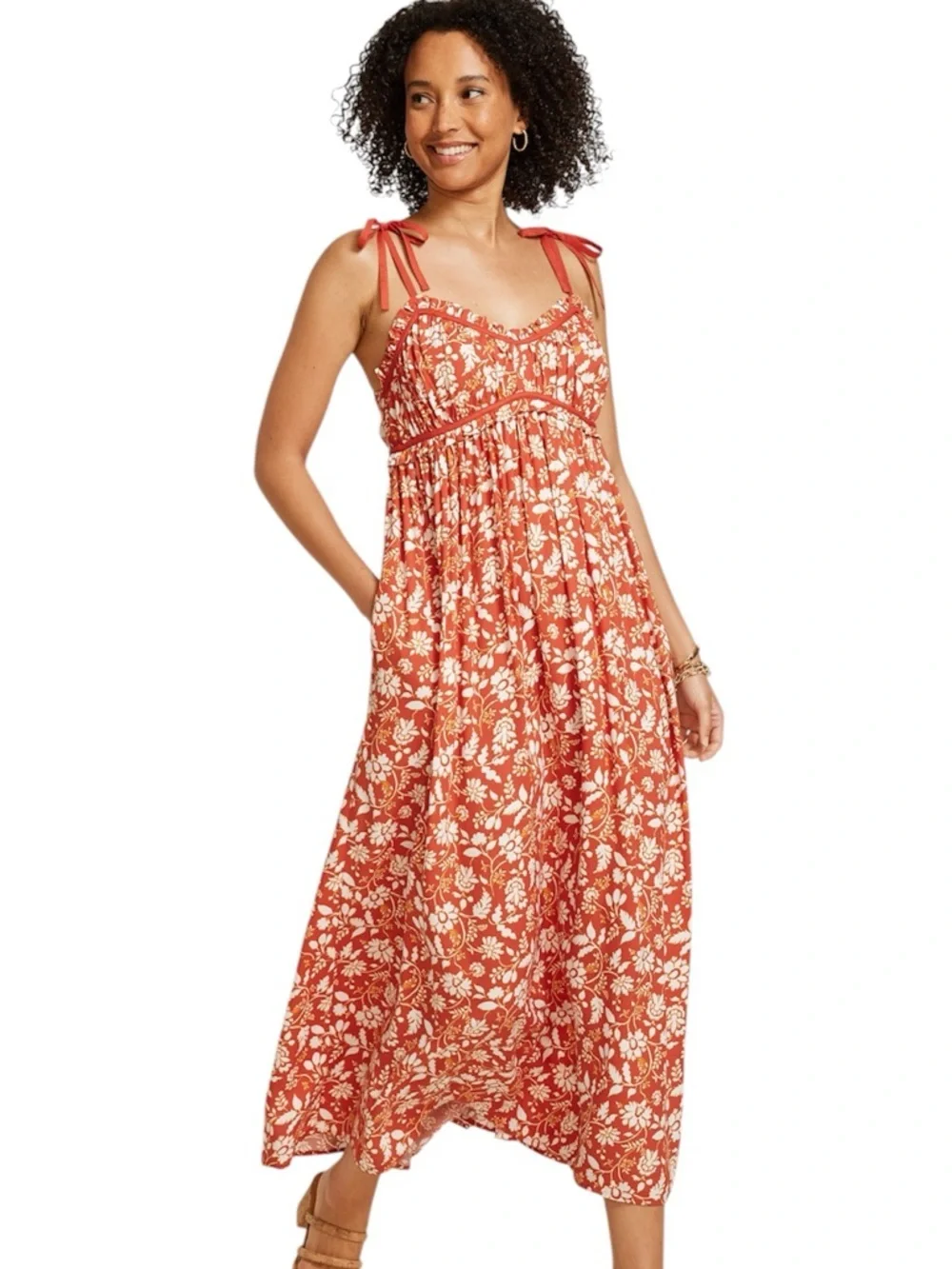 Band of The Free Sweetheart Neck Midi Floral Dress Spaghetti Straps Tangerine S